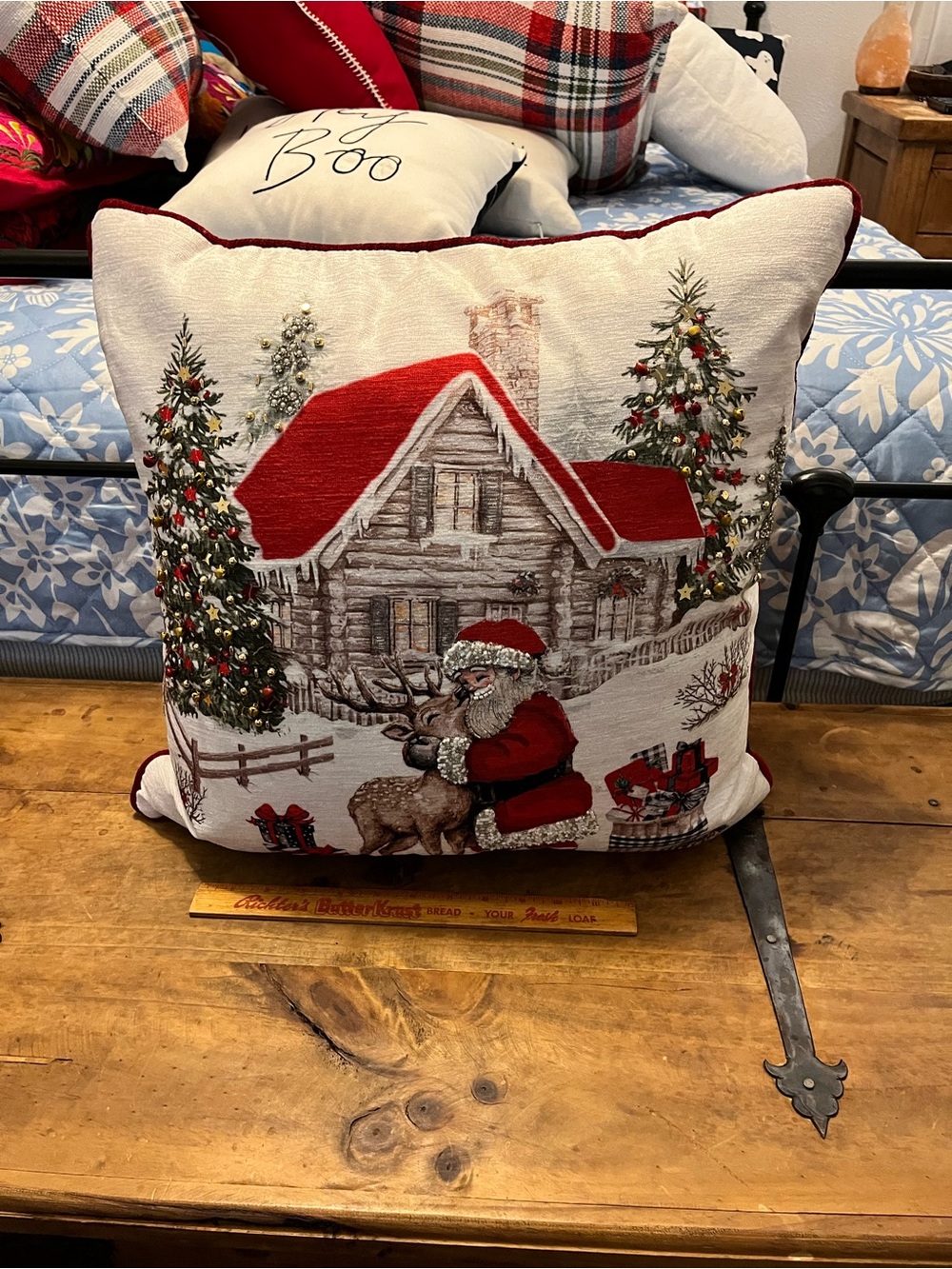 Christmas Santa Cabin Decorative Throw Pillow - Red & White
